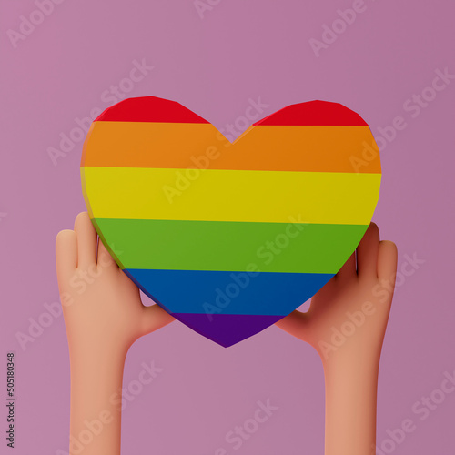 Hands with rainbow heart. LGBT flag. Pride month. 3D render.