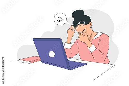 Young girl is working on a Laptop. Tired character. Concept of Eye Health while working at the computer. Flat graphics, vector illustration.	