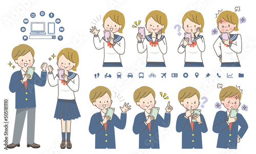 スマホを操作する男女の学生　表情セット