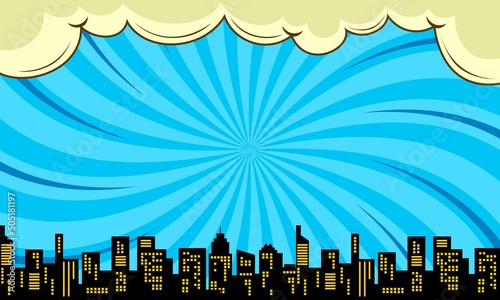 comic cartoon background with cloud and city silhouette