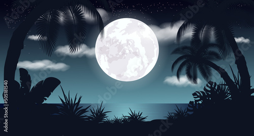 Vector illustration. Night landscape, moon. Starry sky in the clouds. Palm.
