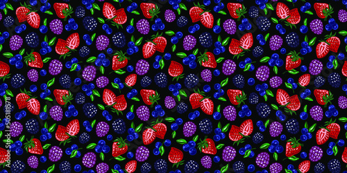 Berries seamless pattern on black background. horizontal. Vector.