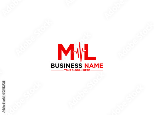 Alphabet ML Logo, Letter Ml lm Medical Logo Image Vector With Red Color and Heart Symbol Design