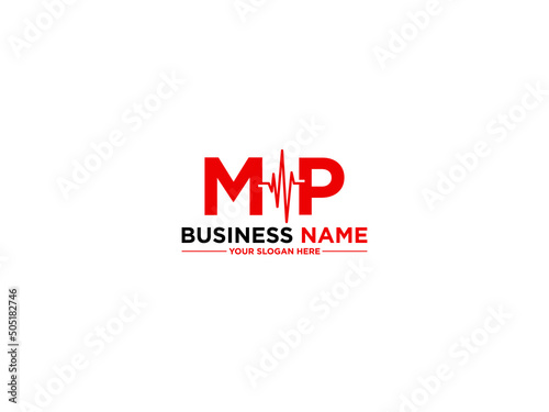 Alphabet MP Logo, Letter Mp pm Medical Logo Image Vector With Red Color and Heart Symbol Design