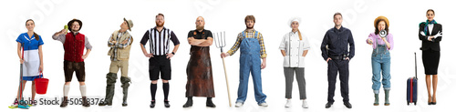 Group of gender mixed people with different professions, jobs standing isolated on white background. Concept of team, career, diversity, studying photo
