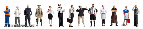 Group of gender mixed people with different professions, jobs standing isolated on white background. photo