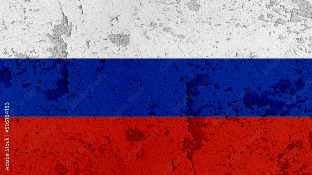 Russian flag background - Old rustic damaged crumbling facade wall texture background, painted in the colors of the flag of Russia