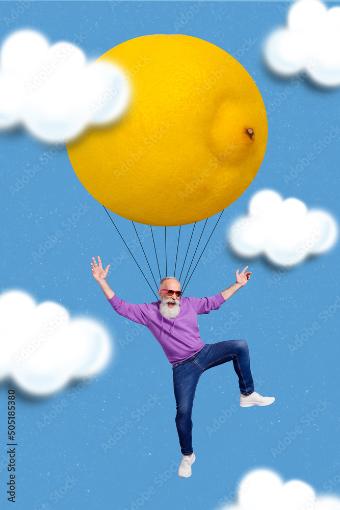 Vertical composite collage overjoyed positive person fly huge lemon isolated on sky cloud background - obrazy, fototapety, plakaty 
