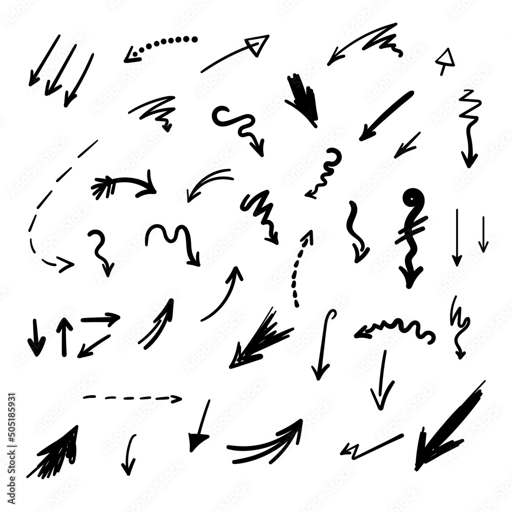 Arrows set. Hand drawn doodle elements. Direction indicators, pointers, simple icons elements. Freehand sketch style. Isolated.Vector illustration Arrows set. Hand drawn doodle elements. Direction indicators, pointers, simple icons elements. Freehand sketch style. Isolated.Vector illustration