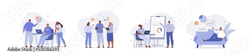 Business people illustration set. Characters working at home office and coworking space. People talking with colleagues and planning business strategy. Vector illustration.