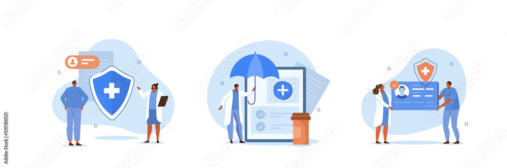 Health insurance illustration set. Doctor offering medical insurance policy contract. Patient holding insurance ID card. Medicine and healthcare concept. Vector illustration.
 - obrazy, fototapety, plakaty 