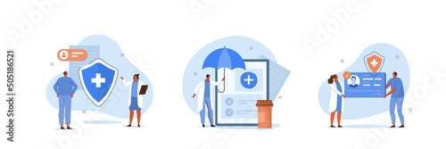 Health insurance illustration set. Doctor offering medical insurance policy contract. Patient holding insurance ID card. Medicine and healthcare concept. Vector illustration.
 photo