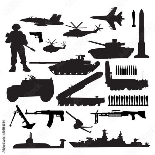 Military equipment set, the weapon  armed forces icon set.