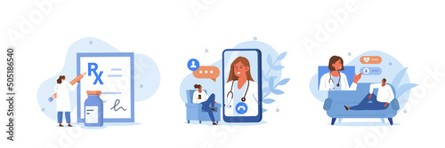 Online medicine service illustration set. Patients meeting with doctors online, having consultation and receiving digital prescription. Telemedicine and healthcare concept. Vector illustration.
