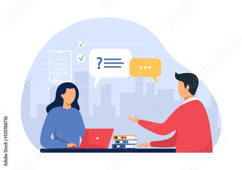 Job interview concept. Modern flat vector illustration of a woman talking to a  man with a laptop. Vector illustration. Isolated in the background.