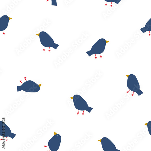 Cute seamless pattern with funny blue birds  on white  background . Funny print with little birds in childish style for textiles, wallpapers, designer paper, etc