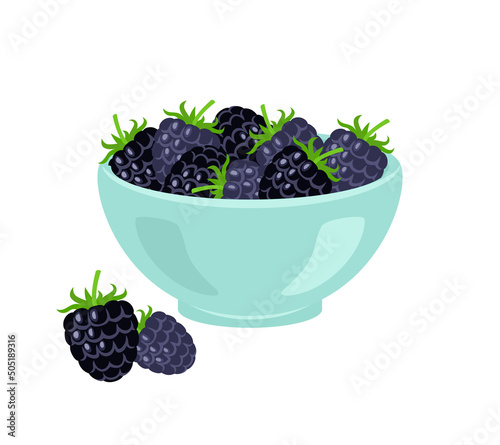 Blackberry in bowl isolated on white. Vector flat illustration of fresh berries. Food icon.