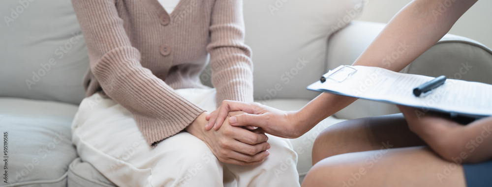 Young woman in a mental therapy session talking with a psychologist in the office. - obrazy, fototapety, plakaty 