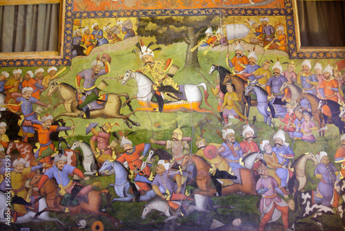 Canvas Print Fresco at Chehel Sotoun palace showing the battle between Shah Esmaeel Safavid a