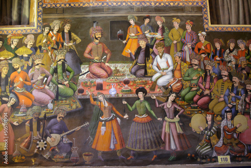 Fresco at Chehel Sotoun palace showing the reception assembly of Shah Abbas for Nadr Mohammad Khan, Isfahan, Iran