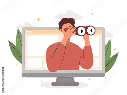 Internet search or exploration concept. Young man holds binoculars and looks out of computer screen. Discovery process, vision of future or surveillance. Cartoon modern flat vector illustration