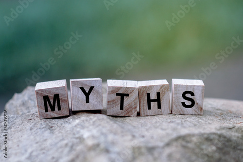 Myths word on wooden cube