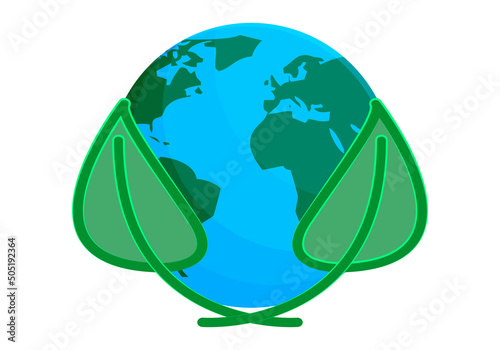 Icono de planeta tierra con dos hojas verdes. 