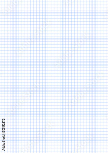 Small squared paper page with red margin line. Real a4 dimensions for print. Light blue grid paper pattern background vector illustration. School notebook exercise sheet. 