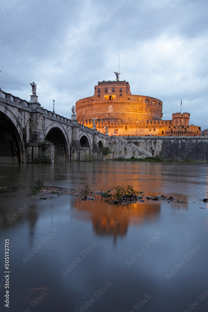Castel Sant'Angelo (Mausoleum of Hadrian), reflected in the Tevere river, Rome, Italy
