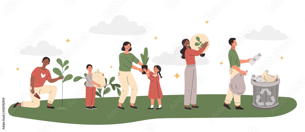 Sustainable eco friendly lifestyle concept. Young men, women and children plant plants, collect garbage, sort and recycle waste and use energy saving light bulbs. Cartoon flat vector illustration - obrazy, fototapety, plakaty 