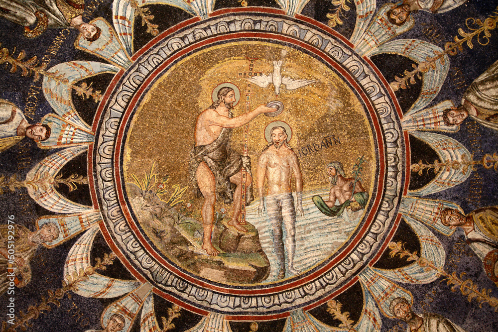 Ceiling mosaic of Christ being baptized in the Arian Baptistery, Ravenna, Italy