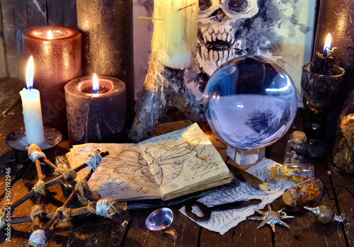 Wicca, esoteric and occult still life with vintage magic objects on witch table altar for mystic rituals and fortune telling. Halloween and gothic concept