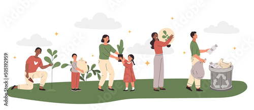 Sustainable eco friendly lifestyle concept. Young men  women and children plant plants  collect garbage  sort and recycle waste and use energy saving light bulbs. Cartoon flat vector illustration