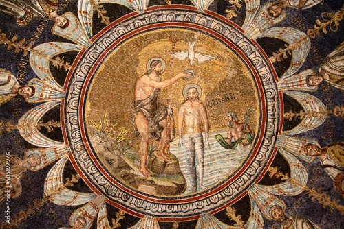 Ceiling mosaic of Christ being baptized in the Arian Baptistery, Ravenna, Italy