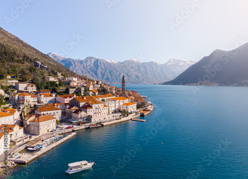 Aerial Panoramic view of Perast historic old town in Kotor Bay during a sunny spring day  Montenegro