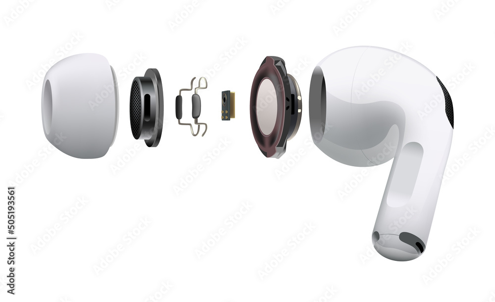 White wireless headphones Apple AirPods Pro inside, on white background.  Realistic vector illustration Stock-Vektorgrafik | Adobe Stock