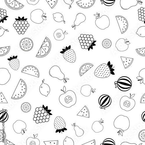 Seamless pattern with set fruits. Black flat icon berries on white background. Linear icon fruit set. Modern design for print on fabric, wrapping paper, wallpaper, packaging. Vector illustration