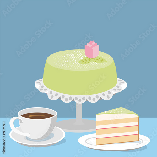 Swedish Fika, hot black coffee and princess cake. Celebrating happy moments with green 
marzipan cake.