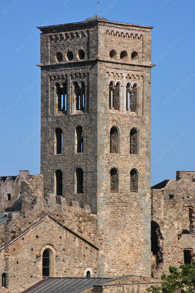 The romanesque bell tower of Sant Pere de Rodes monastery in Catalonia, Spain