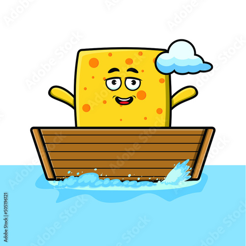 cute cartoon cheese get on boat in vector character illustration