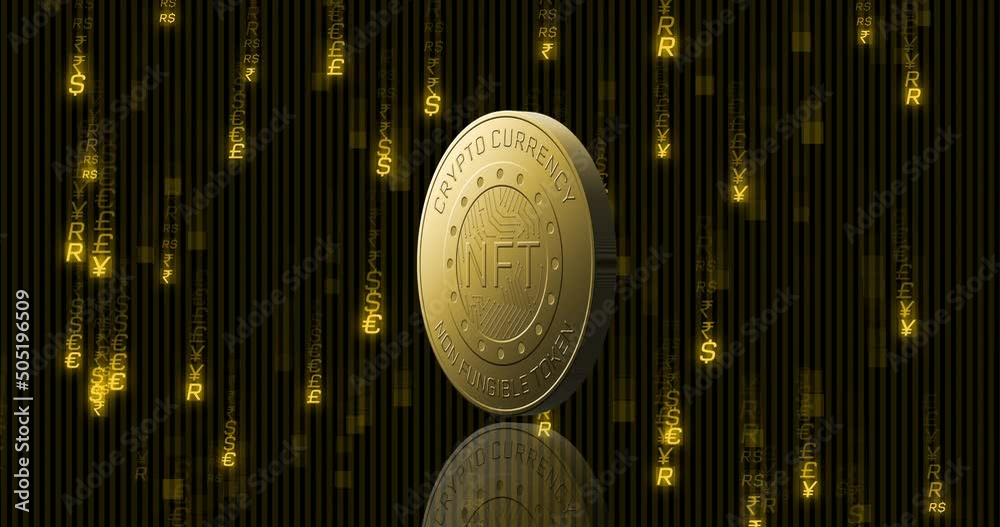 Animation of golden nft coin spinning over currency symbols on black background