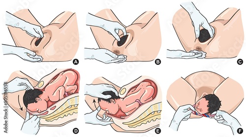 Normal baby delivery stages infographic diagram for gynecology medical science education steps cartoon childbirth vector drawing illustration birth vaginal labor chart scheme head crowning photo