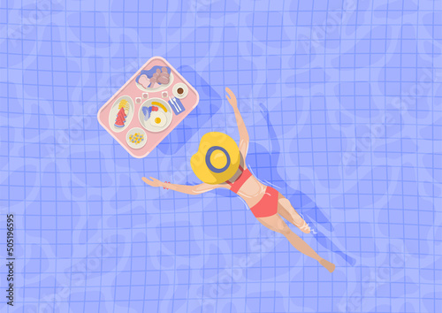 Woman swimming in pool with floating breakfast, tray bird's eye view, vector illustration
