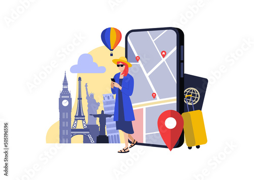 Woman using phone with phone screen and popular attractions in the background, concept image of a navigation application for travel, vector illustration