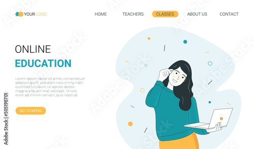 Online Education Landing Page Template. Distant Studying. Laptop. Lesson on Screen. Cartoon People Vector Illustration