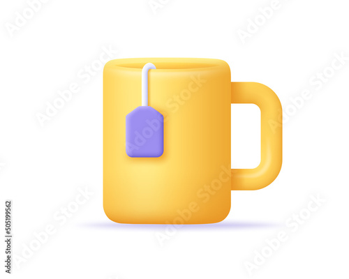 Mug with tea bag 3d icon. Render cup of tea. Tea time, breakfast, snack and break symbol. 3d vector cartoon minimal illustration