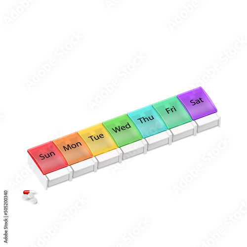 Illustration of Plastic Pharmacy Organizer for Pills for Each Day of the Week. A Weekly Medicine Dispenser on White Background