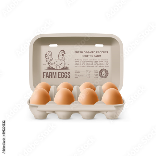 Fresh Organic Brown Chicken Eggs in Open Carton Pack, or Egg Container Isolated on White Backdrop. Eight Large Eggs from Eggs Farm in Brand Pack