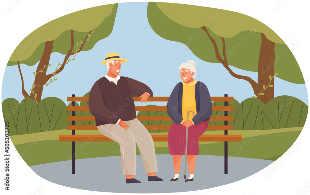 Senior couple walking in city park and sitting on bench. Happy elderly people in love on background of green trees summer day. Aged family romantic weekend, outdoor recreation vector illustration