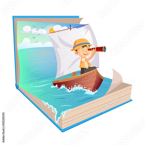 Little sailor boy holding telescope on sailboat in a open Book